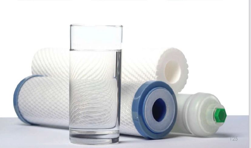 A glass of clear water with water filter cartridges.