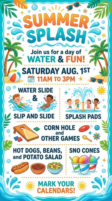 Colorful flyer for a Summer Splash event with water activities and games.