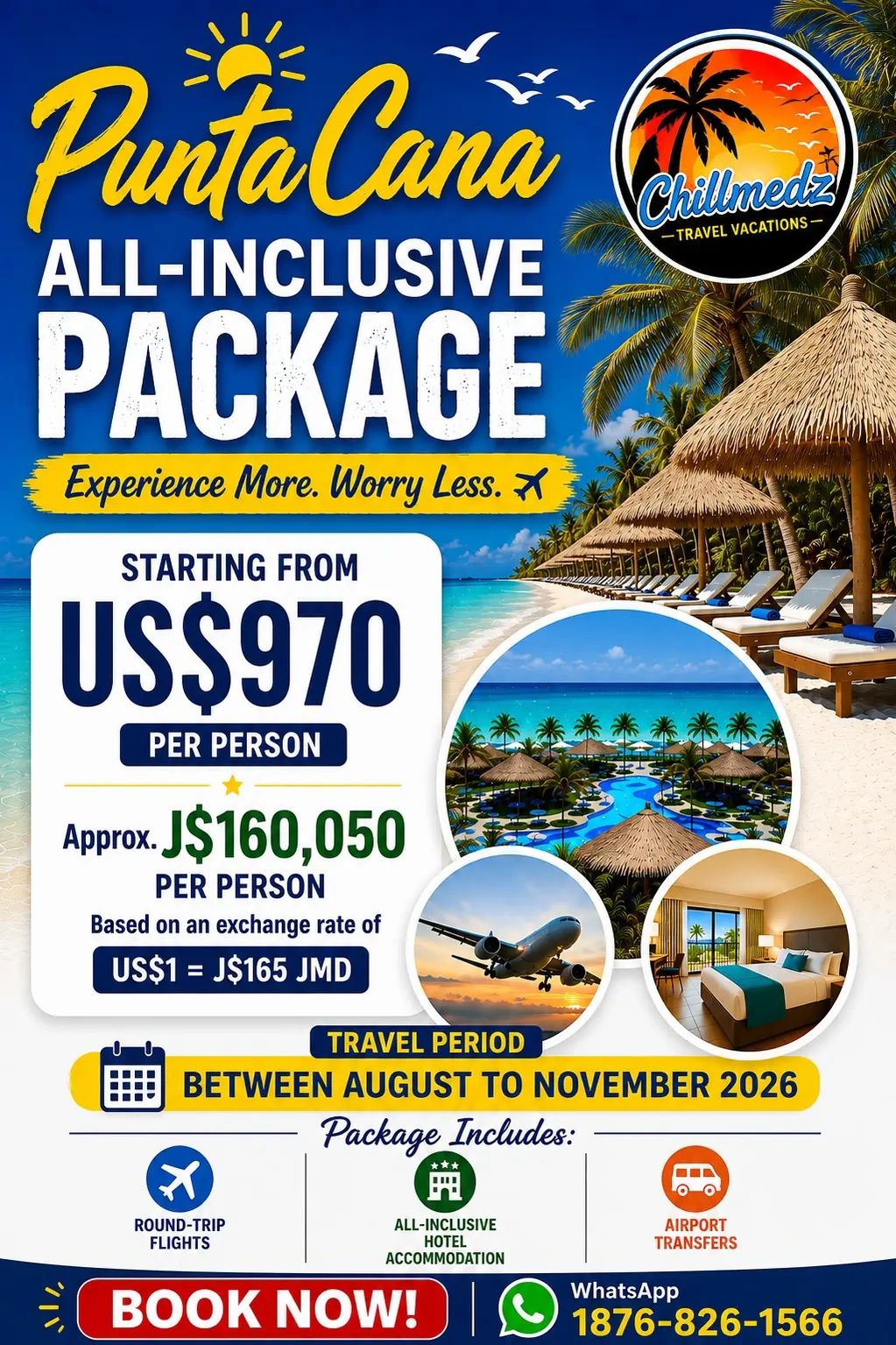 Punta Cana all-inclusive travel package starting at US$970 per person with flights, hotel, and transfers.