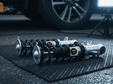 Two new shock absorbers placed on a mat near a car wheel.