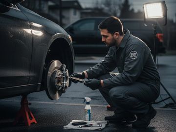 Mechanic performing mobile brake service on a car outdoors at dusk.