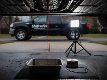Transmission fluid draining during a service with tools ready.