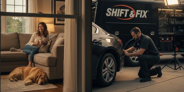 A relaxed woman at home and a mechanic fixing a car, highlighting convenience.