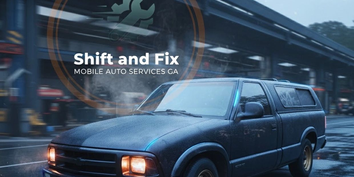 A black pickup truck parked on a wet street at dusk with 'Shift and Fix Mobile Auto Services GA' logo.