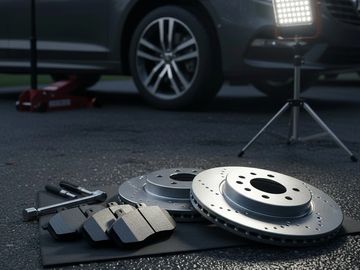 Complete brake package with rotors and pads ready for installation.