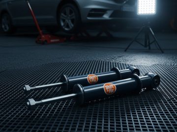 Two shock absorbers ready for replacement in a garage with a car on a jack.
