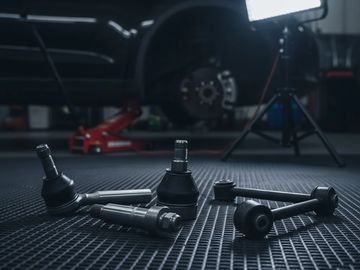 Steering and suspension parts laid out in a workshop with a car lifted in the background.