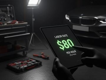 Mechanic checking $80 hourly labor rate on a tablet in a garage.