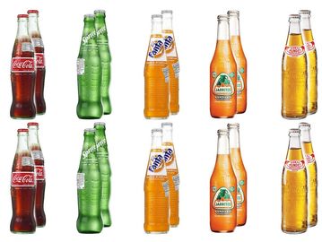 Beverage bottles including Coca-Cola, Sprite, Fanta, Jarritos, and Jarritos Tamarind in pairs.