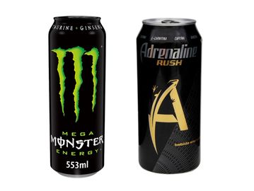 Two black energy drink cans: Mega Monster and Adrenaline Rush.