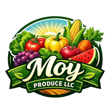 Colorful logo of Moy Produce LLC with fresh fruits and vegetables.