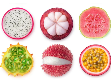 Six colorful tropical fruits cut in half showing unique textures and seeds.
