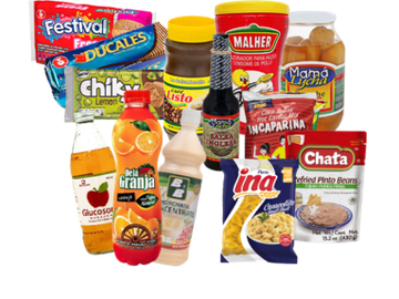 A variety of Latin American food and drink products arranged together.