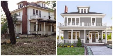 Side-by-side comparison of a house before and after renovation.