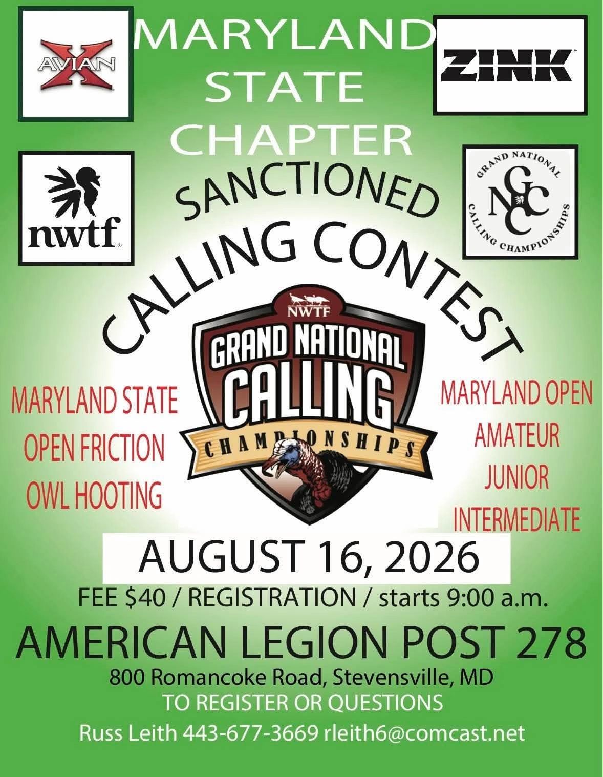 Maryland State Chapter Grand National Calling Contest on August 16, 2026, at American Legion Post 278.