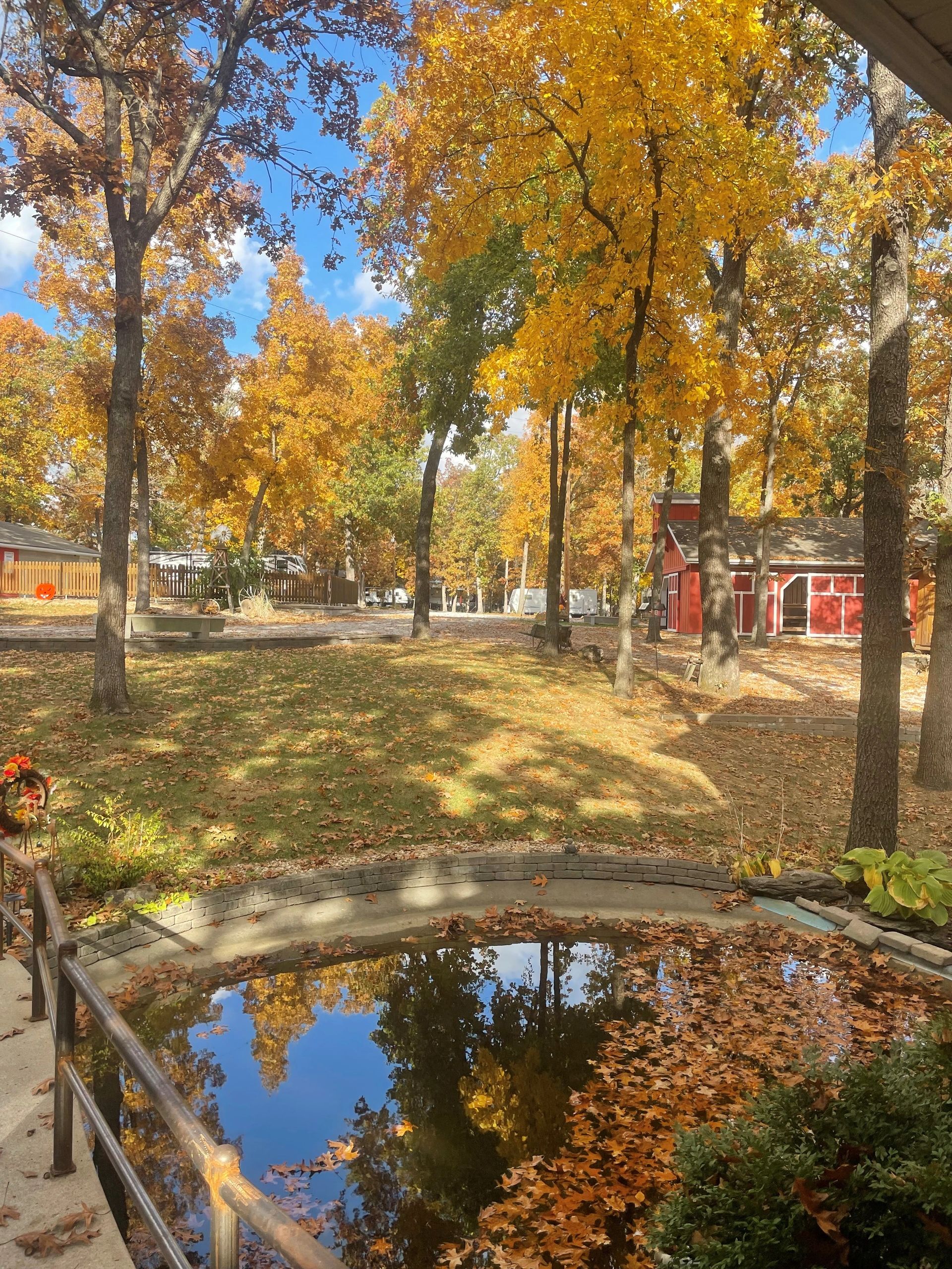 Autumn trees reflect in a pond with a red cabin nearby.