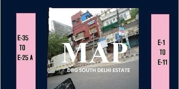 Map layout of DBG South Delhi Estate E-block with labeled street sections.