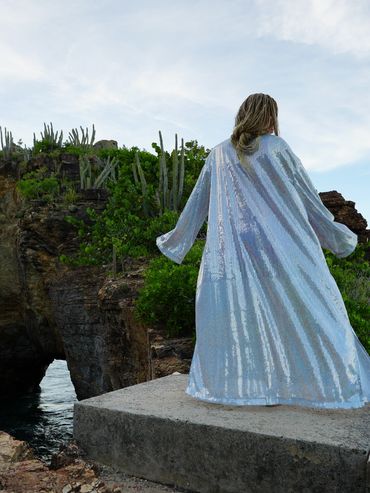 Person in shiny robe overlooking ocean and rocky cliffs.