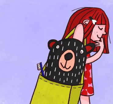 Kid’s book illustration of a young girl with bear