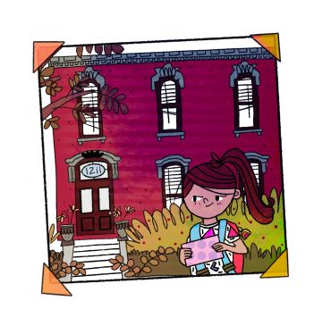 Girl holding letter outside a house numbered 121.