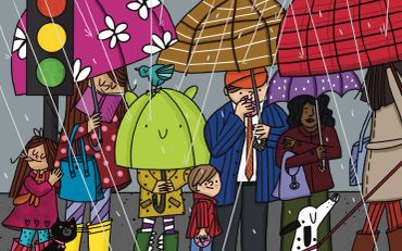 People with umbrellas waiting in the rain at a crosswalk.