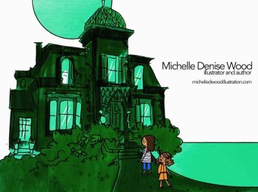 Illustration of two kids near a spooky mansion with a large moon.