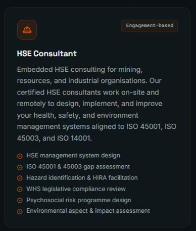 HSE Consultant services for mining and industrial sectors, focusing on health, safety, and environmental management.