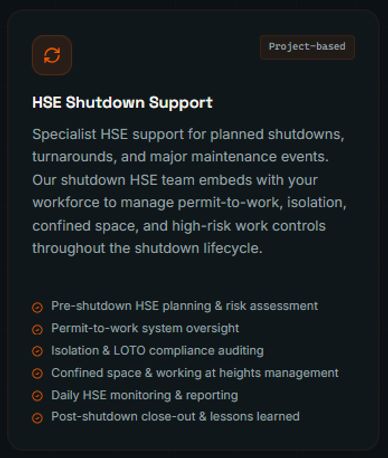 HSE Shutdown Support services for managing safety during planned shutdowns.