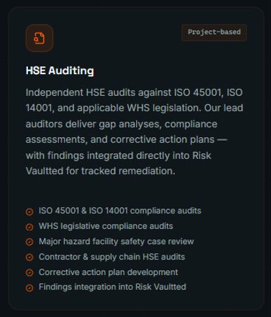 Overview of HSE Auditing services ensuring compliance and safety.