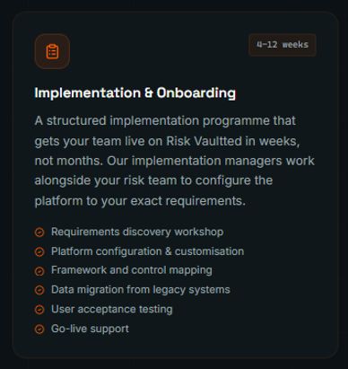Overview of implementation and onboarding for Risk Vaultted.