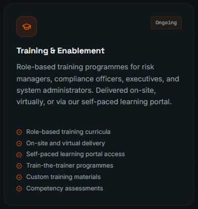 Overview of training and enablement programs for risk managers and system admins.