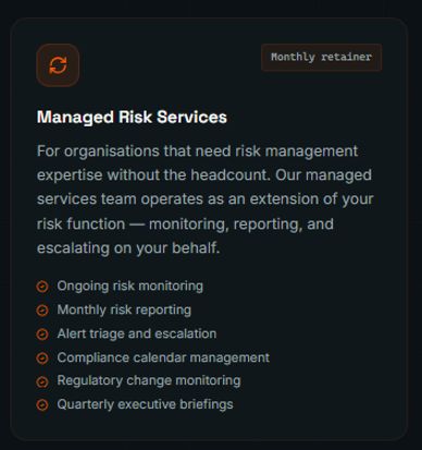 Overview of Managed Risk Services with ongoing monitoring and reporting features.