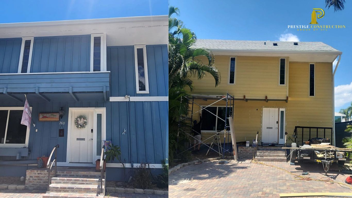 Side-by-side images of a house before and during exterior renovation.