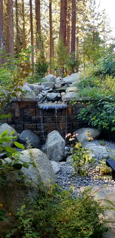 Small waterfall in a forest garden with rocks and greenery.
