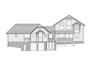 Line drawing of a house with stone foundation and multiple rooflines.