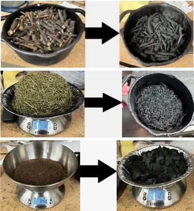 Charcoal made from twigs, grass, and spent coffee grounds