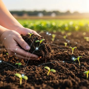 Hands planting seedlings in soil with digital network connections visualized.