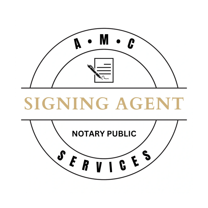 Logo for AMC Signing Agent Notary Public Services with a pen and document icon.