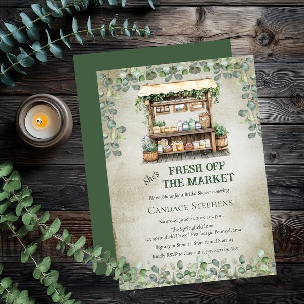 Bridal shower invitation titled 'Fresh Off The Market'
