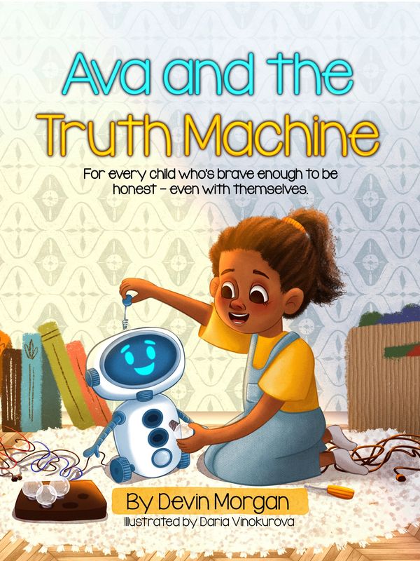 A girl joyfully interacts with a friendly robot named Truth Machine.