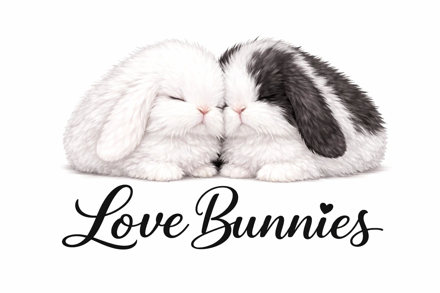 Two fluffy bunnies cuddling with the text 'Love Bunnies' below.