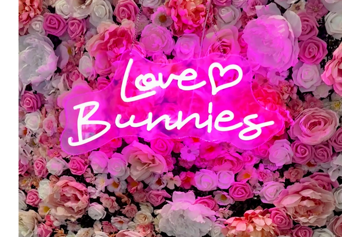 Neon sign reading 'Love Bunnies' on a pink floral background.