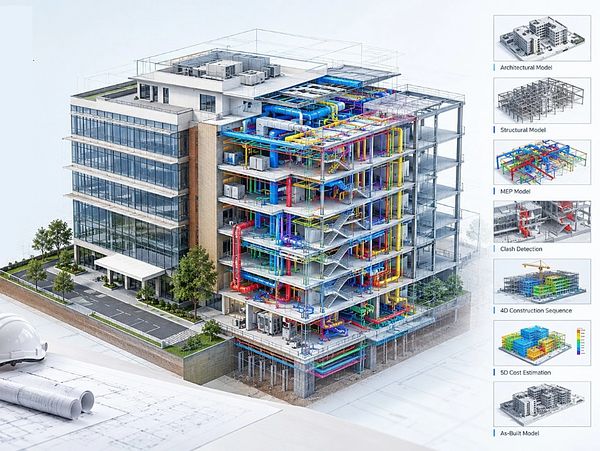 Detailed building model showing architectural, structural, and MEP designs.