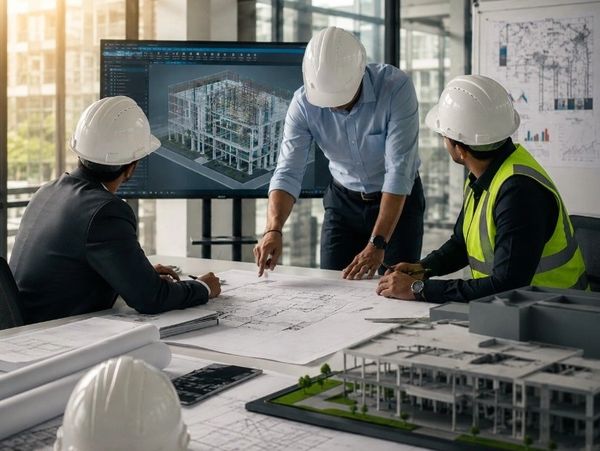 Three architects discussing a building model and blueprints.