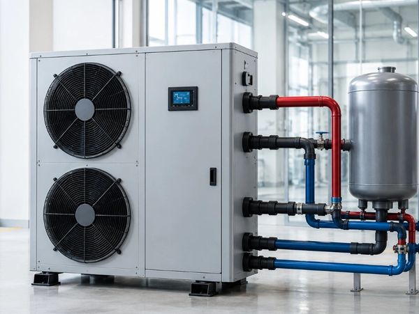 Industrial HVAC unit with fans and colored pipes.