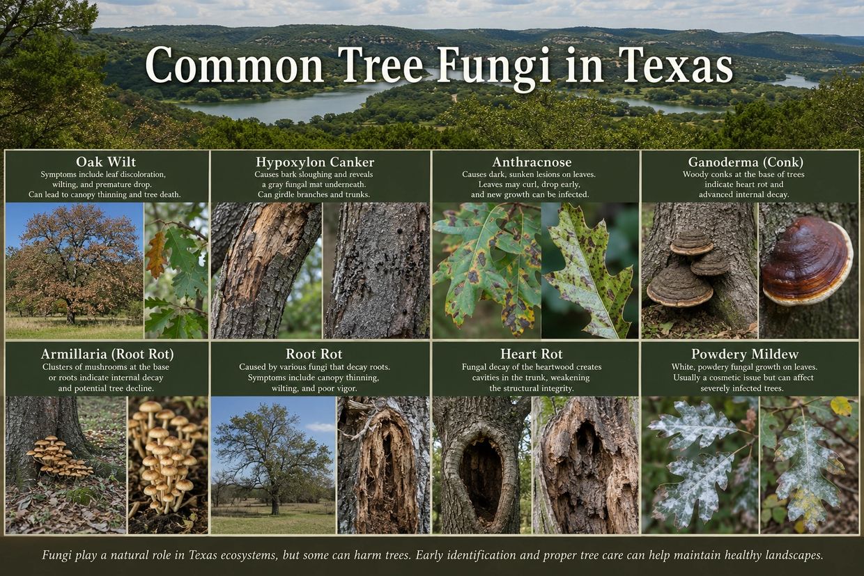 Guide to common tree fungi in Texas with symptoms and effects on trees.