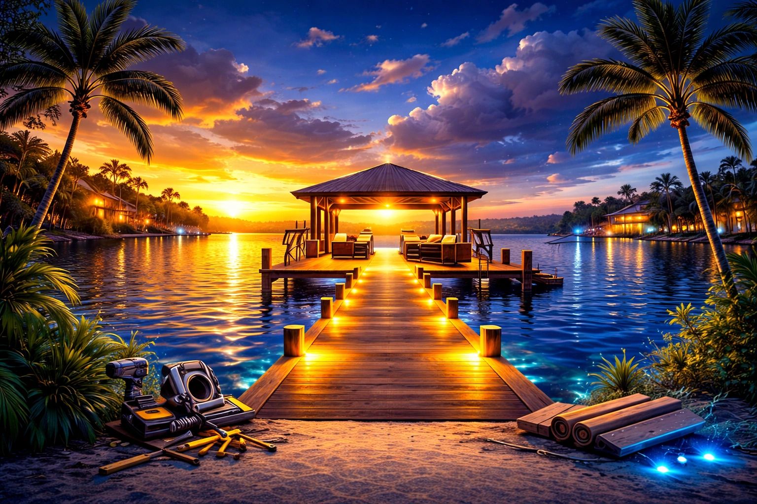 Sunset pier with glowing lights and tropical palm trees by the water.