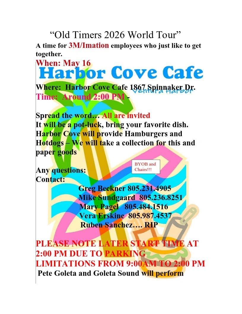 Invitation for 3M/Imation employees' potluck at Harbor Cove Cafe on May 16, starting 2 PM with live music and parking limitations.