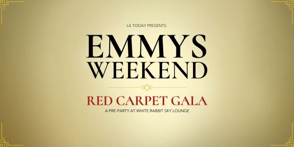 Golden art deco flyer for LA Today's EMMYS WEEKEND, a red carpet gala and pre-party at White Rabbit 