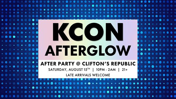 KCON Afterglow after party details on a blue dotted background.